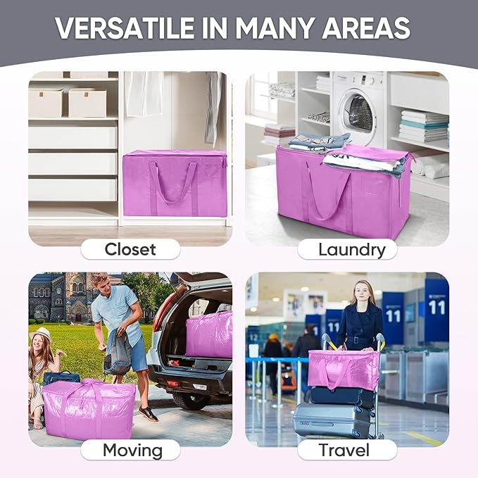 TICONN 4 Pack Extra Large Moving Bags Heavy Duty with Zippers & Carrying Handles, Durable Storage Bags Moving Boxes for Closet Organizers and Storage (4 Pack, Pink)