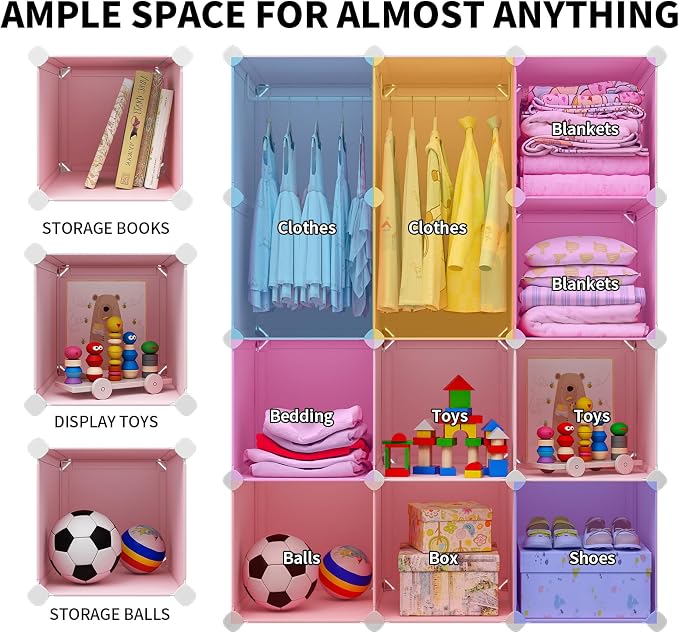 VIPZONE Baby Dresser, Kids Closet Organizers, Portable Kids Wardrobe for Closet, Bedroom, Nursery, Cubby, Cabinet, Clothes, Dress, Baby Storage Shelf, Armoire Clothes Hanging (12 Cube, Pink)