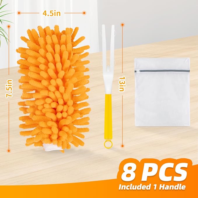 8 Pack Reusable Duster Refills Compatible with Swiffer Hand Duster, Washable Microfiber 360 Heavy Duty Dusters Refills for Dusting Cleaning(Include 1 Handle & Laundry Bag)