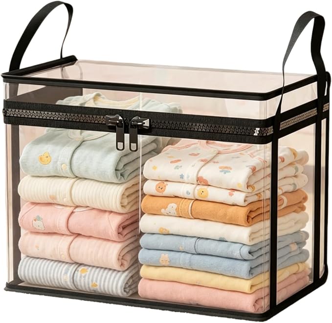 Large Clear Thick Plastic Storage Box with Hinged Lid, Heavy-Duty Durable High Capacity Organizer, Foldable Storage Box,Perfect for Home, Camping, Travel, Attic & Moving (Black-L-1)