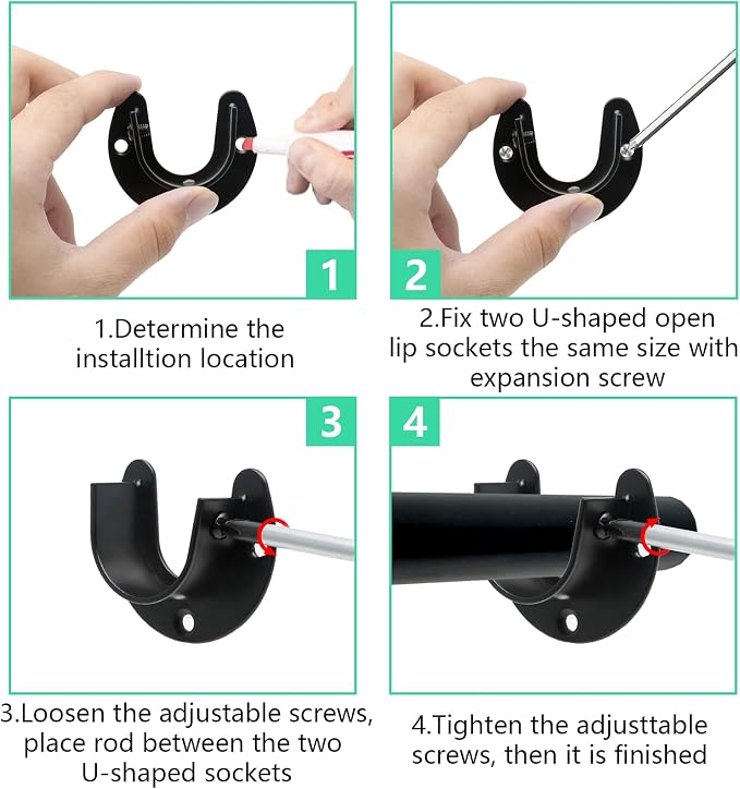 Closet Rod Bracket, 1 Inch Diameter, Black, 4PCS | Heavy Duty, Stainless Steel, U Shaped, Round Rod Socket Flange
