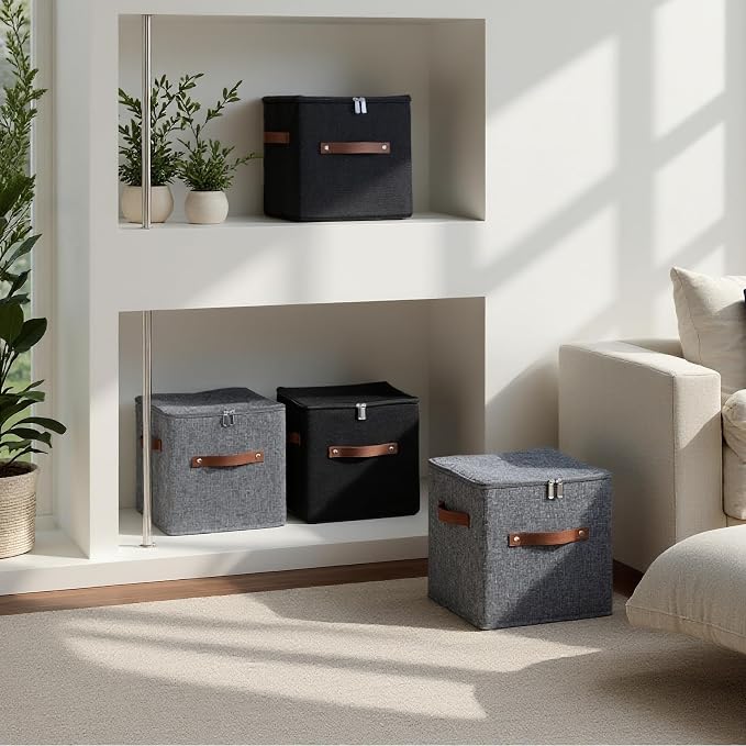 4PCS Storage Cubes with Zippered Lids Fabric Storage Bins Boxes | with 3 PU Leather Handles Cotton Linen Decorative Foldable Washable Lidded Shelf Closet Organizer Container (Black, 11 Inch)
