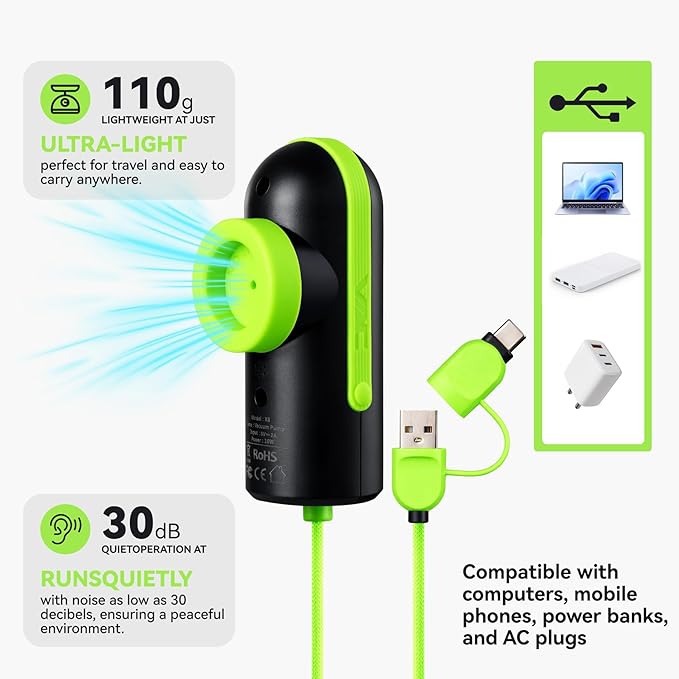 Vacuum Bags for Travel with USB & TYPE C Pump, Vacuum Seal Travel Bags, 15 Pack Carry-On Vacuum Storage Bags for Luggage & Suitcase, Space Saver for Clothes & Travel(Green)