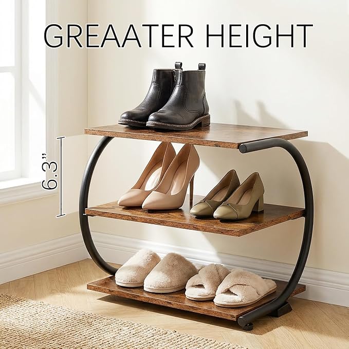 Small Shoe Rack for Entryway,C-Shaped 3-Tier 17” Wide Shoe Storage | Compact Shoe Organizer, Wooden Shelves, Curved Metal Frame, Adjustable Feet, for Front Door Entrance, Closet, Hallway