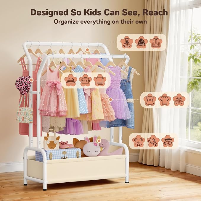 Kids Clothing Rack with Double Hanging Rods and Storage Basket | Child-Height Dress Up Storage for Toddler, Open Kids Closet for Baby Clothes, Costumes, Shoes and Toy, Bedroom Nursery