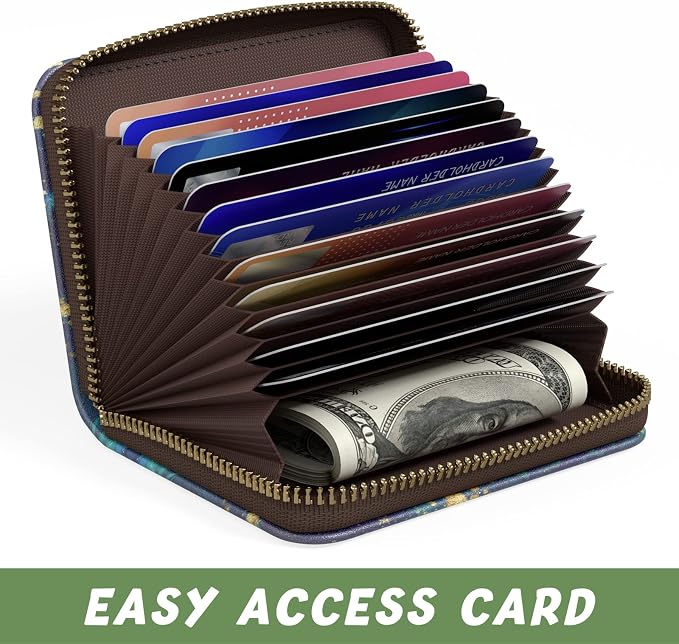 Aiawoxc Credit Card Holder for Women, Small RFID Wallet Slim Leather Card Organizer Case with Zipper and Keychain, Ocean Marble