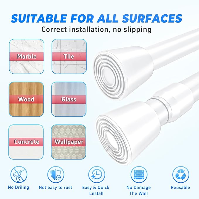 2 Pack White Tension Rods, 41"-75" Adjustable Shower Curtain Rods, Heavy Duty No Drilling Rod, 11lbs Max Load, 1.2" End Cap, 19/22mm Tube, Metal, for Bathroom, Window, Bedroom, Doorway, Closet