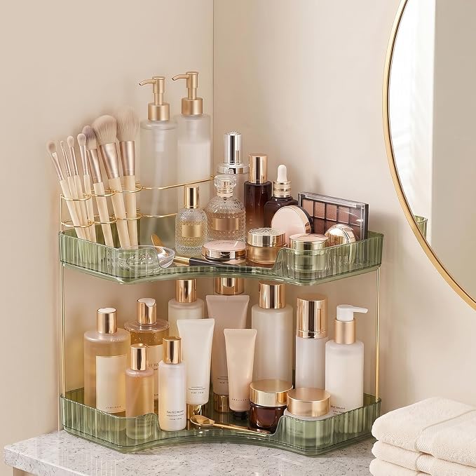 2-Tier Corner Bathroom Counter Organizer with Makeup Brush Holder, Green | Large Makeup Organizers for Vanity, Corner Bathroom Countertop Organizer for Cosmetic Perfume Skincare Storage