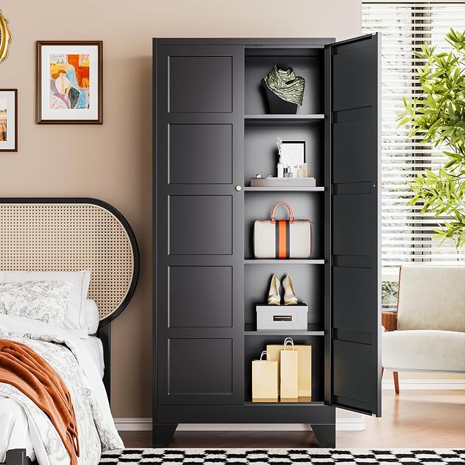 Letaya 72" H Metal Storage Cabinet with 2 Doors and 4 Shelves,Tall Kitchen Pantry Cabinets,Utility Pantry Organizers for Cupboard/Dining/Bathroom/Home Office/Garage (Black, 72" H x 18" D x 33.5" W)