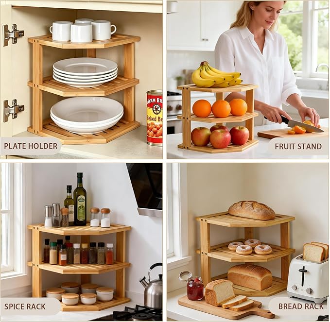Bamboo Plate Organizer for Cabinet Set,3 Tier Corner Shelf & Plate Holder | Space Saver Wooden Dish Racks, Vertical Cabinet Organizer Shelf for Kitchen Pantry RV Dishes,Bowls,Mugs,Spice,Cups,Lids,1 Set