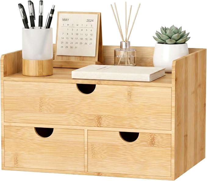 Bamboo Desk Organizer with Drawers, Desktop Storage for Office Supplies | 3 Drawers Desktop organizer, No Assembly Required, Natural Wood Wooden Desktop Drawers Box for Bills, Cosmetics, Seals, Paper