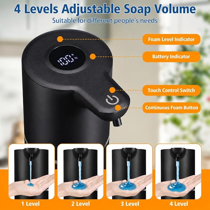 Automatic Liquid Soap Dispenser Touchless | USB Rechargeable Smart Hand Soap Dispenser, 4-Level Adjustable, 12oz Wall Mounted for Bathroom Kitchen(Black, Liquid)