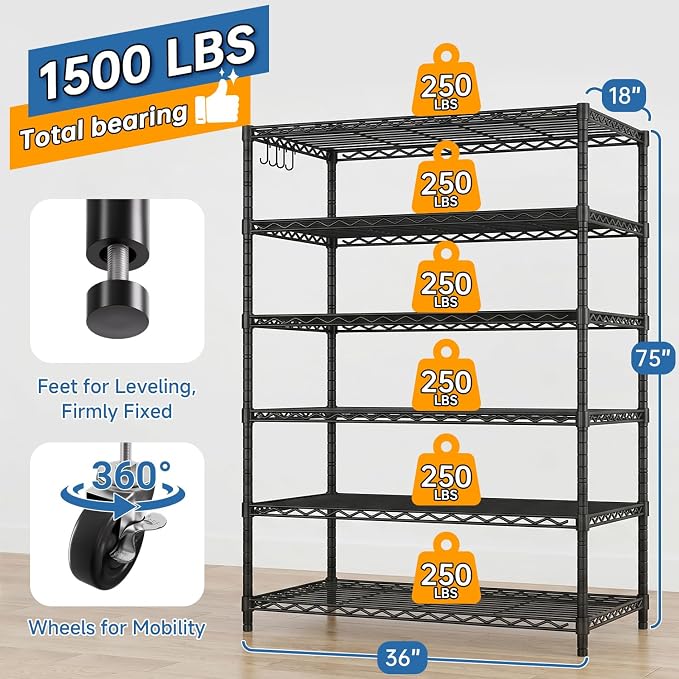 2Pack Wire Shelving 1500lbs 6 Tier Storage Shelves with Wheels NSF Certified Heavy Duty Steel Metal Shelf Adjustable Rolling Rack Kitchen Garage Closet Pantry Laundry 36''Wx18''Dx78''H