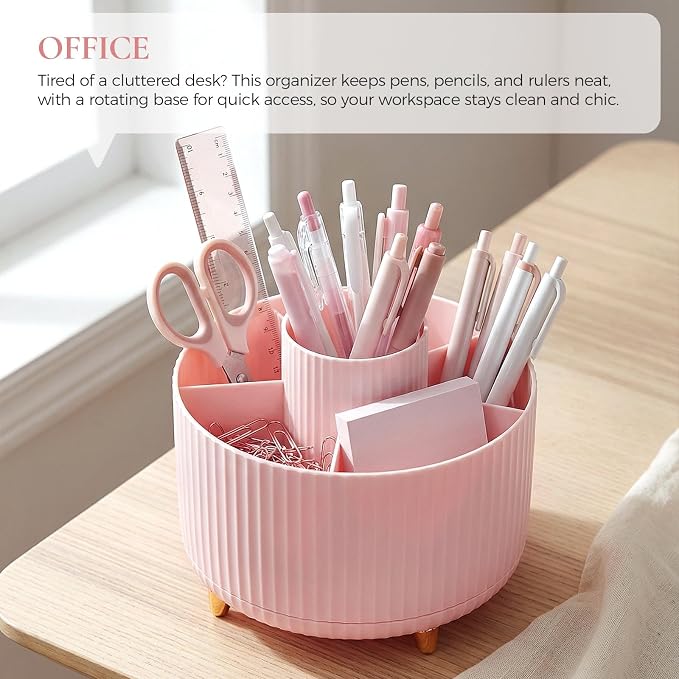 KONVINIT Pencil Pen Holder for Desk, 5 Slots 360 - Degree Rotating Desktop Organizer, Cute Desk Organizers and Accessories for School, Home, Office and Art Supply, Pink