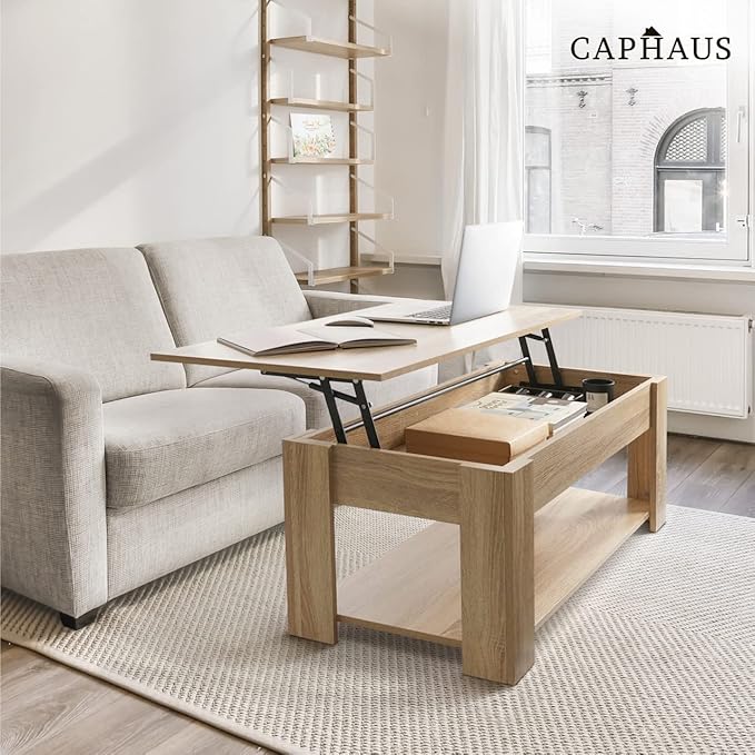 CAPHAUS Lift Top Coffee Table w/Storage and Hidden Compartment, Rising Tabletop for Living Room, Bottom Open Shelf, 41" Espresso
