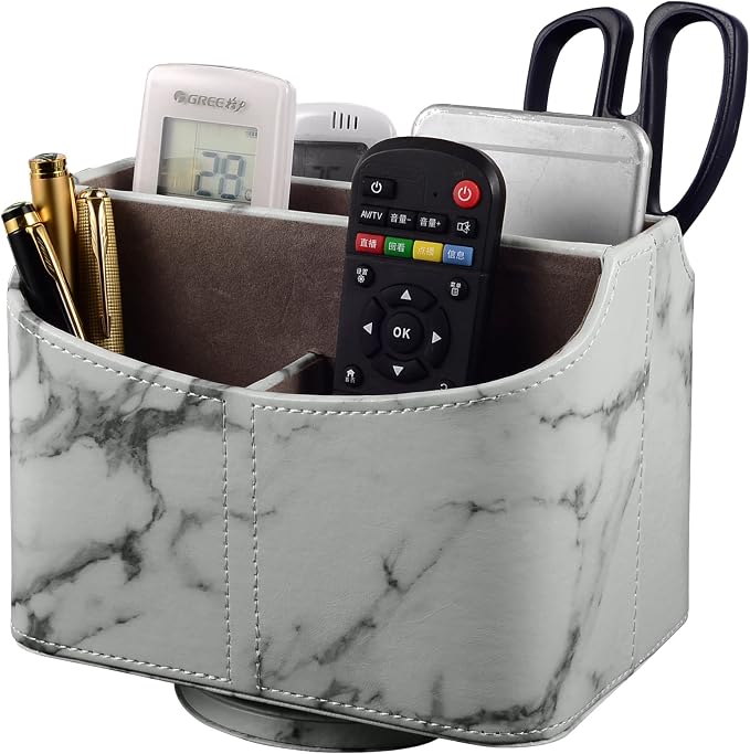 PU Leather Remote Control Holder 360 Degree Rotating Desk Organizer/Caddy Storage Box for Remote Controllers,TV Guide, Mail, Electronics,Pen,Stationery and Media Storage white