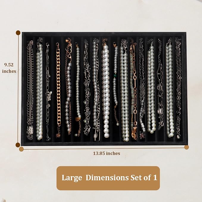 Large Jewelry Organizer for Drawer Insert Velvet Stackable Jewelry Trays for Earring Necklace Bracelet Ring Display (Black, 16 Grids)