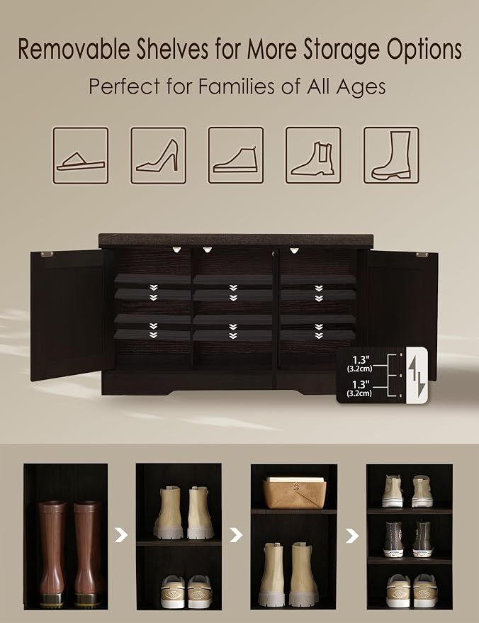 DINZI LVJ Shoe Bench, Entryway Storage Bench with Doors, Cushion, 3-Tier Shoe Rack with 9-Cubby, 39.4" L x 13.8" W Shoe Organizer Cabinet, Fully Adjustable Shelves, Living Room, Bedroom, Espresso