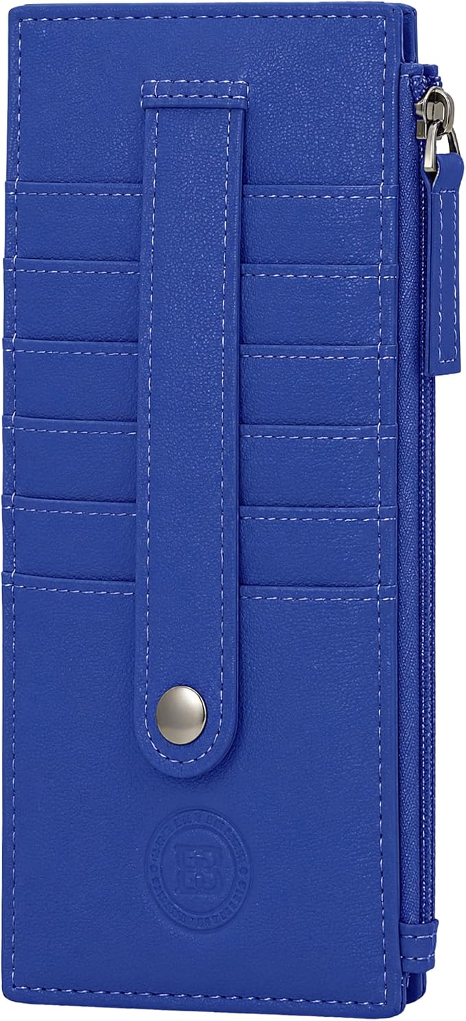 Leatherboss Genuine Leather Women's All in One Credit Business Card Case Holder Slim Zipper Wallet With a Card Protection Strap, Oxford Blue