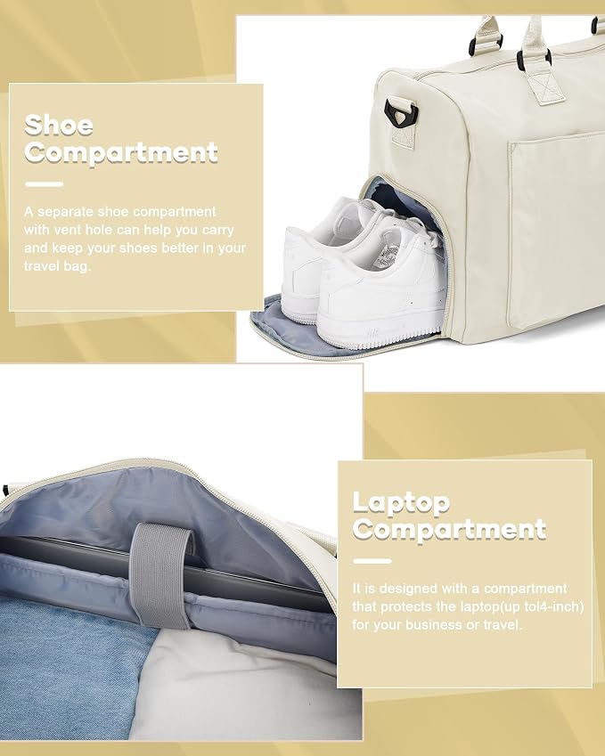 Gym Bag for Women Men Duffle Bags for Travel with Shoe Compartment Shoulder Weekender Overnight Carry on Tote Bags for Airplane Beach Bag Workout Yoga Sport Swimming Cream White