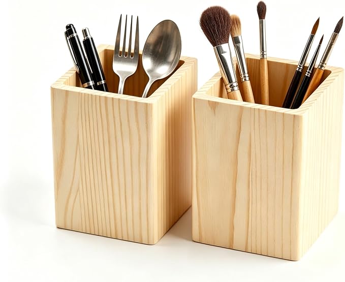 2 Pack Square Unfinished Wooden Pencil Holder 3"x3"x4" Wood Pen Cup for DIY Crafts Makeup Brushes Home Office Desk Organizer Storage