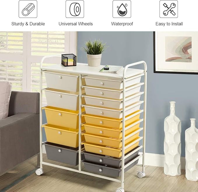 Moccha 15-Drawer Rolling Storage Cart - Under Desk Storage Drawers with wheels for Craft Art Supply Paper Salon, Scrapbook Paper Tools, Mobile Utility Cart for Classroom (15 Drawers, Yellow)