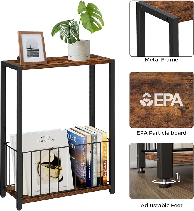 Homleke Narrow Side Tables Set of 2 with Magazine Holder, Skinny End Tables | Space-Saving Design, Small Spaces, Storage Shelf, Metal Frame, Easy Assembly, 7.1" D x 16.9" W x 23.6" H, Rustic Brown