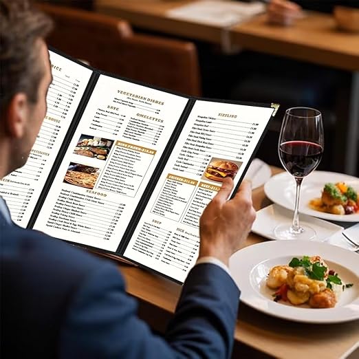 Goodsmart Restaurant Menu Covers – 25 Pack Black 6-View Trifold 8.5" x 14", Side-Loading Vinyl & Plastic Menu Holders, Clear Menu Sleeves, Leather-Style Café Covers with Gold Corners