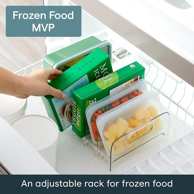 YouCopia FreezeUp Freezer Rack 12" BPA-Free Fridge Organizer with Adjustable Dividers and Handles for Frozen Food Box and Meal Storage, Clear