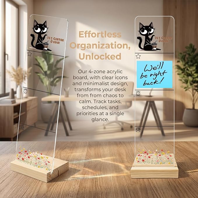 Sticky Note Holder, Monitor Memo Board, Acrylic Post It Note Holder with Wooden Base, Includes 200 Notes, Desk Organizer, Funny Black Cat Quote “It’s Coffee O’Clock”