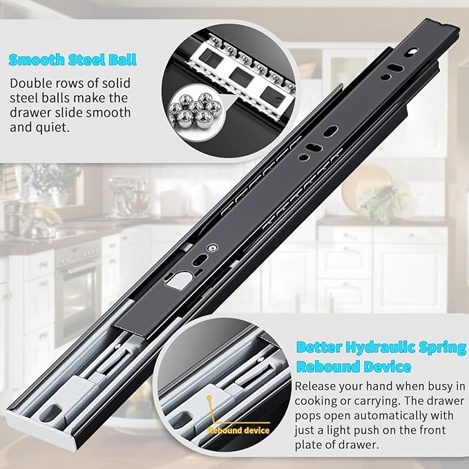 YENUO Push to Open Drawer Slides Full Extension 12–24 Inch 100 LB | Side Mount Heavy Duty Touch Release Drawer Glides Rails Ball Bearing 12–24 Inch for Kitchen Dresser Hardware Cabinet 1 Pair