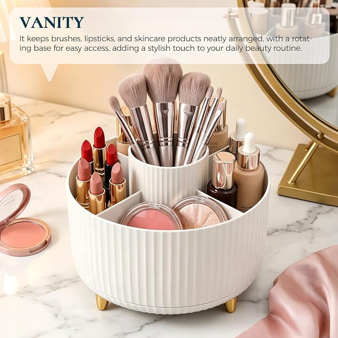 KONVINIT Pencil Pen Holder for Desk, 5 Slots 360-Degree Rotating Desktop Organizer, Cute Desk Organizers and Accessories for School, Home, Office and Art Supply, White
