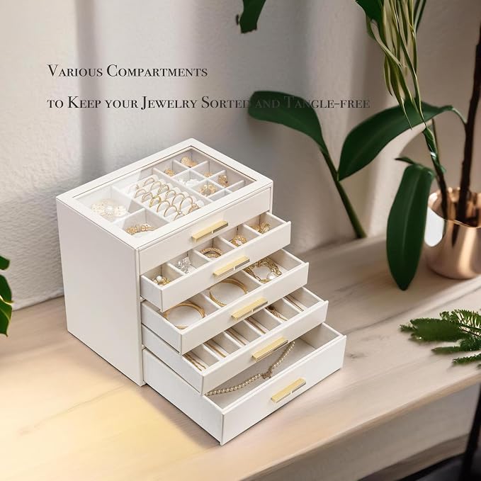 VLANDO 5-Drawer Jewelry Box with Glass Lid, Faux Leather Organizer for Rings Earrings Necklaces and More, Gift-Ready Jewelry Case for Women Girls or Moms, Beige