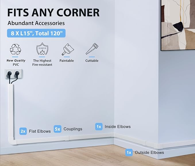 120in Cord Hider Wall, Cable Management Kit to Hide 3-5 Cords, Cord Organizer Wall, TV Cable Hider Wire Hider for Wall Hide Cords Wall Mounted TV, Cable Raceway White 8 x L15in, W1.2in H0.65in