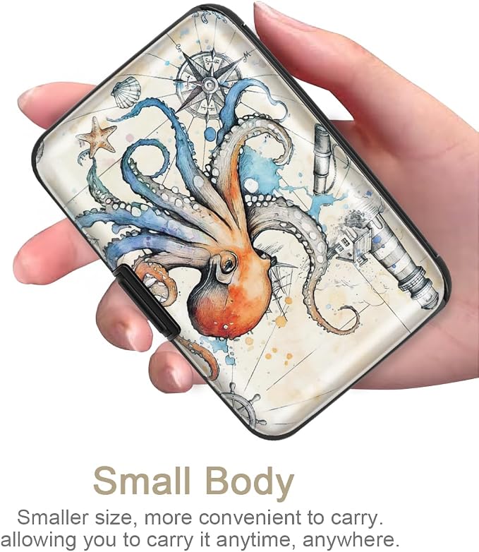 Coco Rossi Credit Card Holder RFID Aluminum Small Mini Wallet Women | Metal Wallet, Business Cards Holder, ID Case, Slim Sleeves, Womens Girls Gift, Carry Proof Wallets for Travel, Octopus