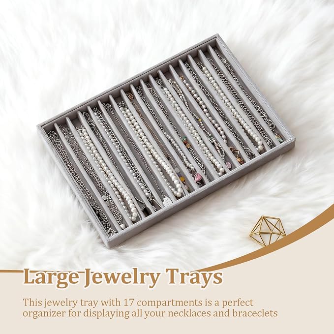 Large Jewelry Organizer for Drawer Insert Velvet Stackable Jewelry Trays for Earring Necklace Bracelet Ring Display (Gray, 16 Grids)