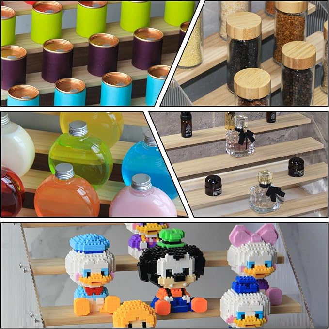 nianfeng Tiered Spice Rack, 3-Tier Spice Pantry Kitchen Cabinet Organizer, 12-Inch, Natural Wood Acrylic Stair Riser Stand, Countertop Seasoning Shelf