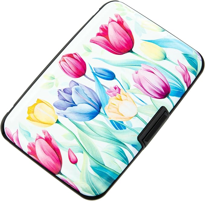 Credit Card Holder for Women Men RFID Blocking Wallet Small Business Metal Slim Mini Aluminum Hard Case (Watercolor Tulips)