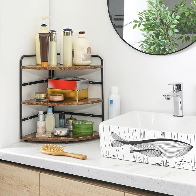 IBUYKE Corner Shelf,Wood Kitchen Spice Organizer,Brown TWJ002H | Bathroom Counter Organizer 3-Tier Spice Rack for Small Spaces Cosmetic Storage Perfume Holder Adjustable Height