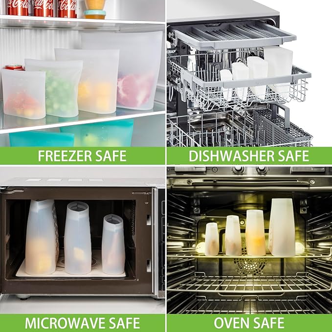 100% Silicone Reusable Storage Bag, 12 Pack Stand-Up Wide-Mouth Zip-Lock Food Storage Bags, Easy-Fill Easy-Open Easy-Clean Space-Saving, Microwave & Dishwasher Safe, Gallon/Sandwich/Snack, Translucent