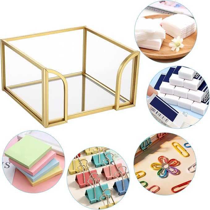 2-Pack Golden Glass Sticky Note Holder for Desk, Stick Note Holder Dispenser Organizer with Non-Slip Pads, 3.54x3.54x1.96 Inch Clear Memo Pad Holders for Office Supplies & Home Decor