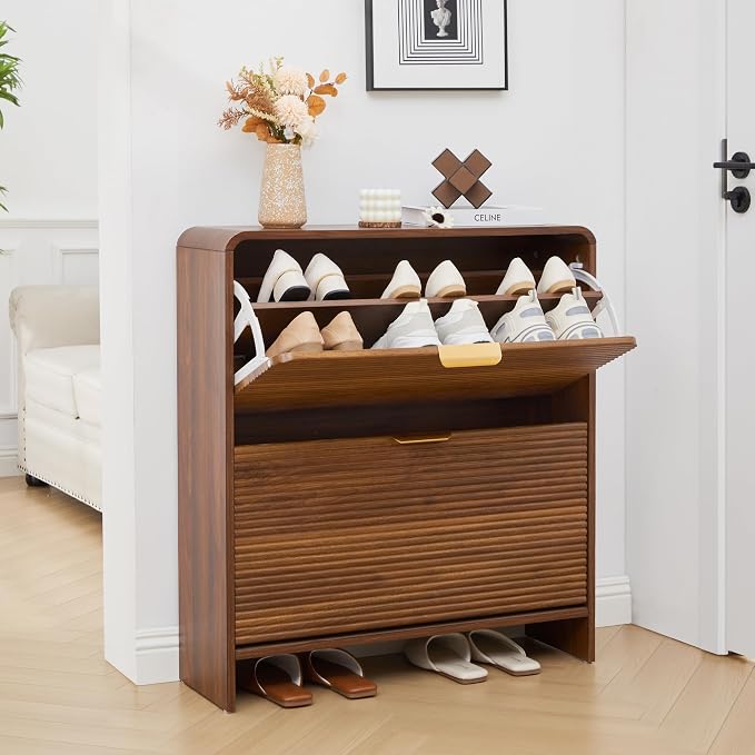 RARZOE Fluted Shoe Cabinet with 2 Flip Drawers, 29.5''Walnut | Narrow Curved Shoe Storage Cabinet, Freestanding Wood Hidden Shoe Organizer Closed Shoe Rack for Entryway Foyer, Hallway