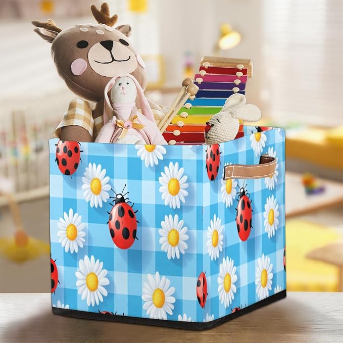 TropicalLife Flower Ladybugs Checkered Storage Cube, 13 Inch Fabric Cube Storage Organizer Bin for Shelves Clothes, Decorative Foldable Storage Boxes