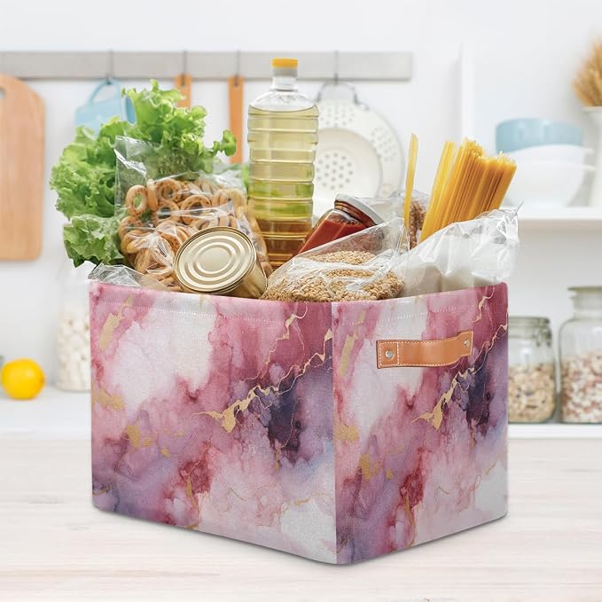 Rectangular Storage Baskets Abstract Pink Marble Fabric Storage Bin Toy Organizer Box with PU Leather Handles for Room Decor