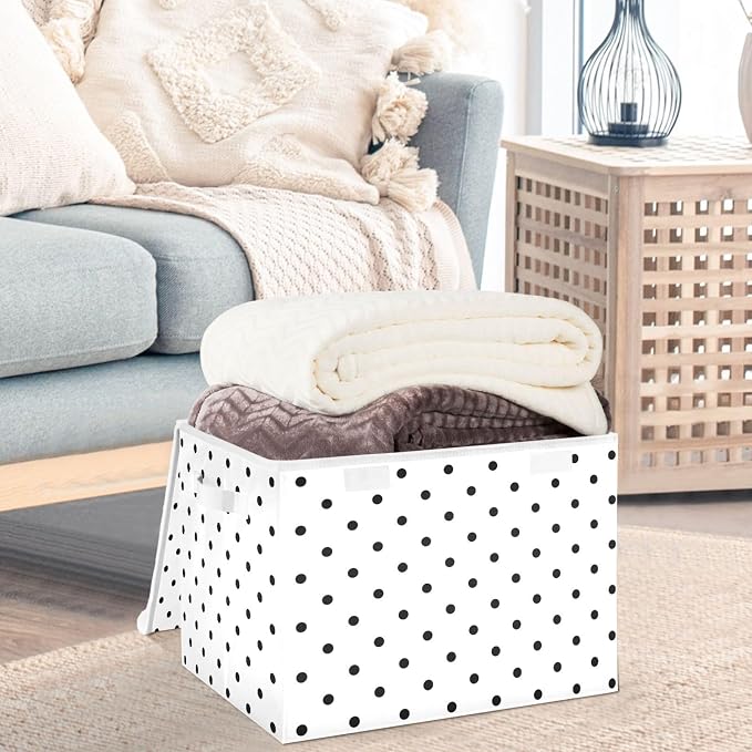 CaTaKu Large Fabric Storage Bins With Lids, White Polka Dot Storage Boxes With Handles for Organizing Clothes, Collapsible Storage Cube Bins Baskets for Shelves