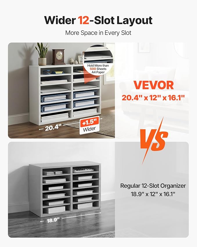 VEVOR Literature Organizers, 12 Compartments Office Mailbox with Adjustable Shelves, Wood Literature Sorter 20.4x12x16.1 inches for Office, Home, Classroom, Mailrooms Organization, EPA Certified White