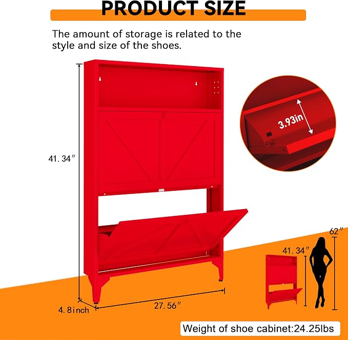 Shoe Cabinet with 2 Flip Drawers and Open Top Space-Metal Narrow Shoe Rack for Entryway,Hallway,Living Room-Hidden Metal Shoe Cabinet-Freestanding Shoe (2 Door, red)