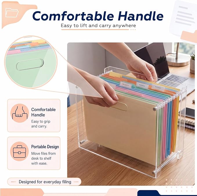SiliFine Clear Acrylic Hanging File Organizer Box with Handles, 13.6 x 10.4 x 5.1 Inches Narrow Desktop Document Holder for Letter A4 Size, Paper Storage Rack for Desk Office Home