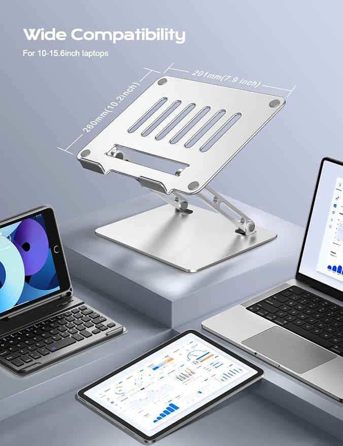 LOXP Aluminum Laptop Stand, Adjustable Laptop Stand for Desk Foldable | Portable Laptop Riser, Ergonomic Computer Notebook Holder for Desk, Office Desk Accessories (10-15.6'') - Silver