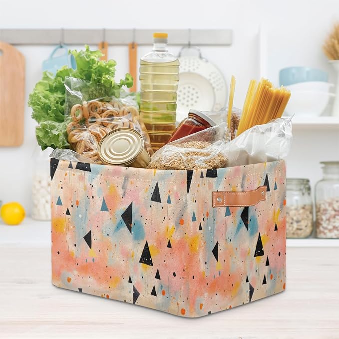 Rectangular Storage Baskets Abstract Colored Triangle Fabric Storage Bin Toy Organizer Box with PU Leather Handles for Room Decor